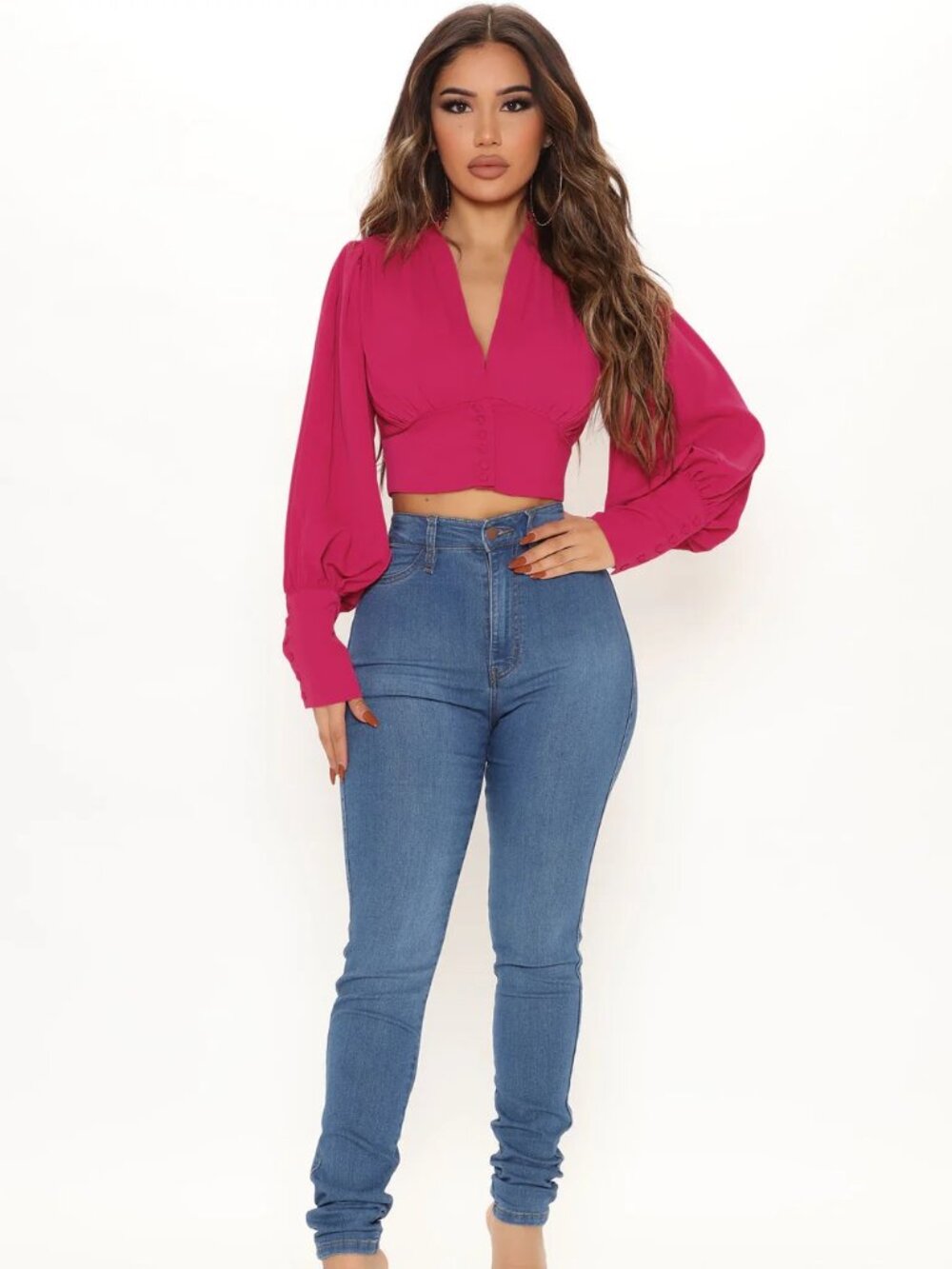 NWT FASHION NOVA Meetings All Day Cropped Blouse - Fuchsia Size LARGE